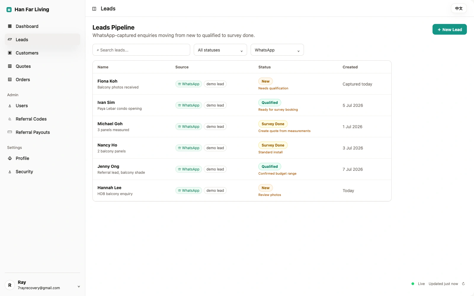 WhatsApp 询盘先收成线索，在流水线上一路推进——新、已确认、已量尺——这是整条链的最前端。